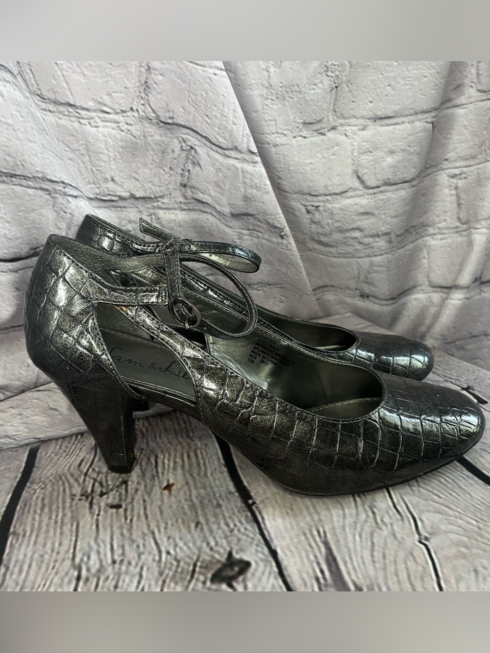 Cybercorp Goth Metal Career Office Siren Pewter Croc Embossed Mary Jane Pumps 10 - Picture 2 of 11
